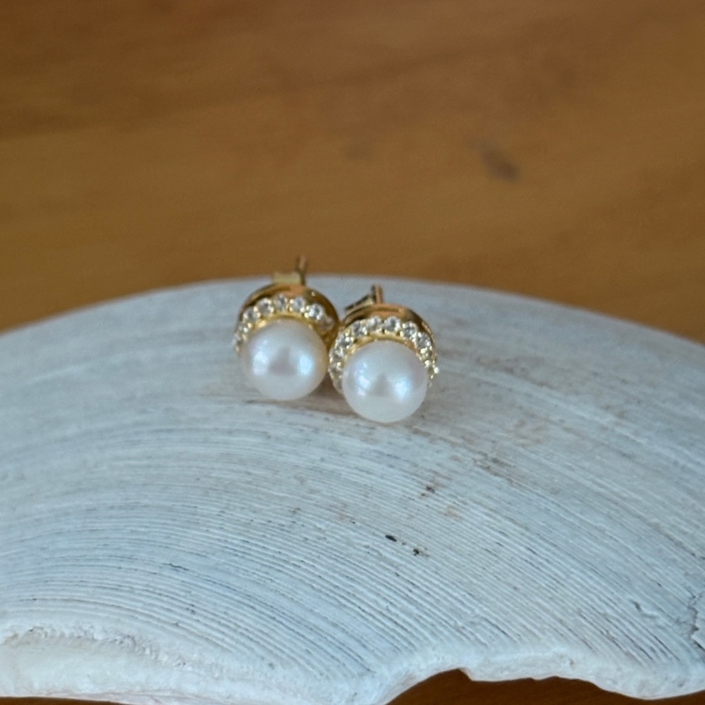 Dainty Genuine 5.5mm White Button Pearl Diamond Gold over Sterling Studs Halo